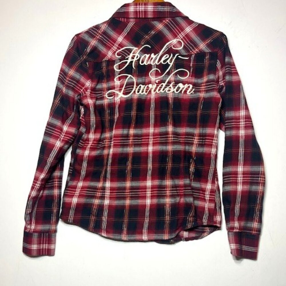 Harley Davidson Women's Red Black Pearl Snap Long Sleeve Collared Sz M
